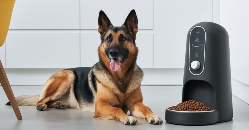 german shepherd relaxing next to automatic dog feeder