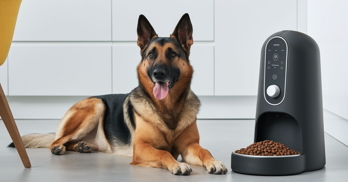german shepherd relaxing next to automatic dog feeder