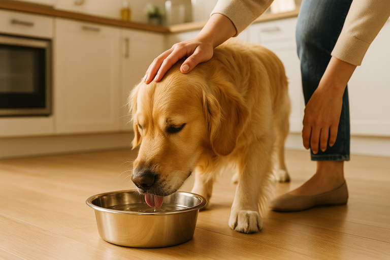 Golden retriever drinking from stainless steel bowl while being petted in bright modern kitchen with natural lighting