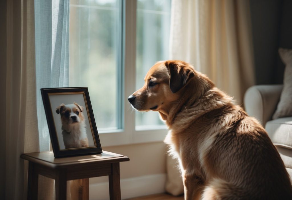 A dog sitting quietly by a window, looking outside with a sad expression in a cozy living room.
