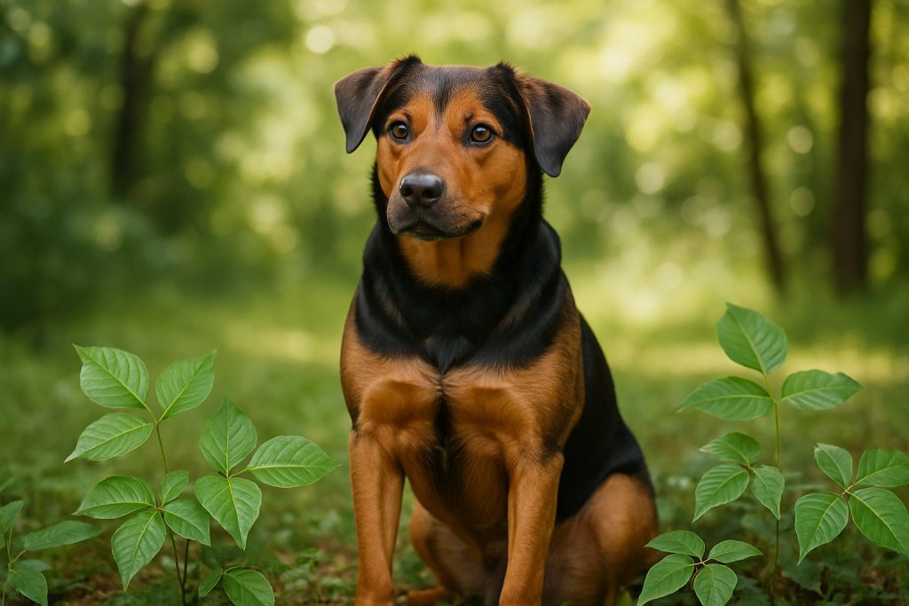 A medium-sized dog sitting outdoors near poison ivy plants in a green natural setting.
